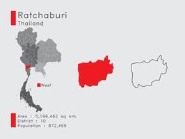 posición de ratchaburi en tailandia un conjunto de elementos infográficos para la provincia. y la población y el contorno del distrito del área. vectorial con fondo gris. vector