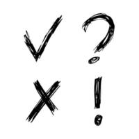 cheque dibujado a mano, cruz, signo de interrogación y símbolos de exclamación. conjunto de cuatro símbolos de boceto negro. ilustración vectorial vector