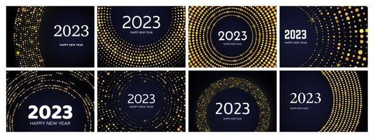 2023 Happy New Year of gold glitter pattern in circle form. Set of abstract gold glowing halftone dotted backgrounds for Christmas holiday greeting card on dark background. Vector illustration