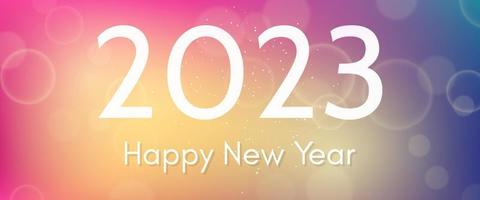 Happy new year 2023 incription on blurred background. White numbers on backdrop with confetti, bokeh and lens flare. Vector illustration