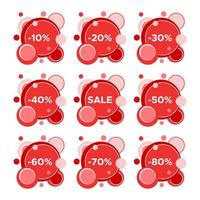 Set of nine sale stickers with different discount values. Sale label template. Vector illustration