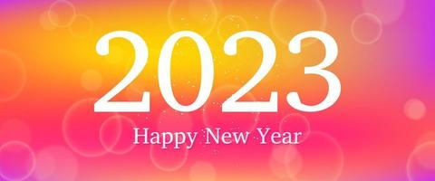 Happy new year 2023 incription on blurred background. White numbers on backdrop with confetti, bokeh and lens flare. Vector illustration