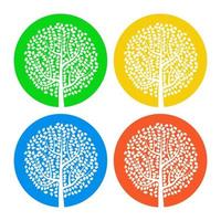 Set of four white trees with leaves on colorful round background. Vector illustration