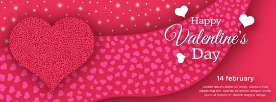 Happy Valentines Day Background. Red greeting horizontal banner with text and hearts. Vector illustration.