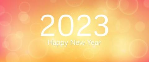 Happy new year 2023 incription on blurred background. White numbers on backdrop with confetti, bokeh and lens flare. Vector illustration