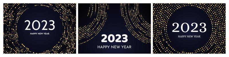 2023 Happy New Year of gold glitter pattern in circle form. Set of three abstract gold glowing halftone dotted backgrounds for Christmas holiday greeting card on dark background. Vector illustration