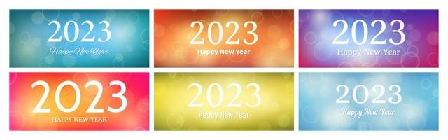 Happy new year 2023 incription on blurred background. Set of six new year background. White numbers on backdrop with confetti, bokeh and lens flare. Vector illustration