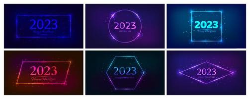 2023 Happy New Year neon background. Set of neon backdrops with circle frames with shining effects and sparkles and inscription Happy New Year. Dark background for Christmas holiday vector