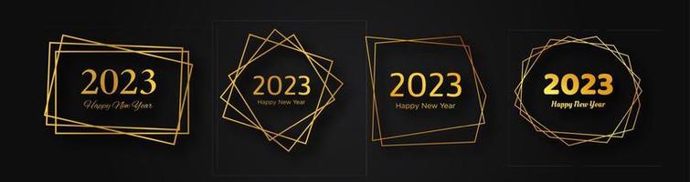 Set of 2023 Happy New Year gold geometric polygonal backgrounds. Gold geometric polygonal frame with shining effects for Christmas holiday greeting card, flyers or posters. Vector illustration