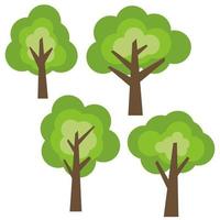 Set of four different cartoon green trees isolated on white background. Vector illustration