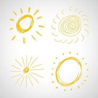 Hand drawn suns. Set of four simple sketch suns. Solar symbol. Yellow doodle isolated on white background. Vector illustration.