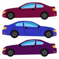 A set of three cars painted in different colors. Vector illustration