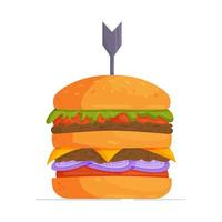 Vector illustration of a juicy burger with cheese and beef. Cartoon-style drawing. Cheeseburger on white background.