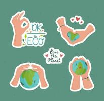 Set of stickers with girl's hands about environmental protection. vector