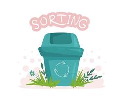 ilustración vectorial de una papelera de reciclaje de papel sobre la hierba. bote de basura para reciclar.