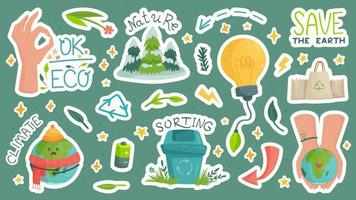 Vector set of stickers about ecology and resource conservation. Modern stickerpack in a flat style. Elements of man and nature in interaction for good.