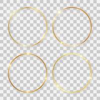 Set of four gold shiny round frames with glowing effects and shadows on transparent background. Vector illustration