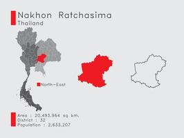 posición de nakhon ratchasima en tailandia un conjunto de elementos infográficos para la provincia. y la población y el contorno del distrito del área. vectorial con fondo gris. vector