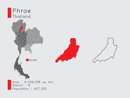 posición de phrae en tailandia un conjunto de elementos infográficos para la provincia. y la población y el contorno del distrito del área. vectorial con fondo gris. vector