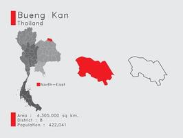 posición de bueng kan en tailandia un conjunto de elementos infográficos para la provincia. y la población y el contorno del distrito del área. vectorial con fondo gris. vector