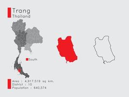 posición de trang en tailandia un conjunto de elementos infográficos para la provincia. y la población y el contorno del distrito del área. vectorial con fondo gris. vector