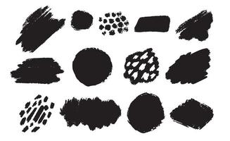 Collection set of black paint ink brush strokes, lines, grunge dirty decoration elements, boxes, frames. Vector illustration. Isolated on white background.