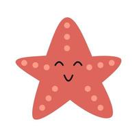 Vector red starfish. Cute marine life animal in flat design. Smiling starfish with dots.