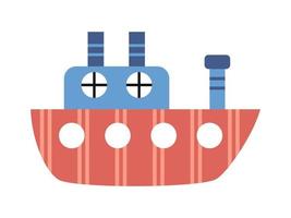 Vector cute blue and red steamship. Childish sea ship with pipes. Sea striped transport in flat design.