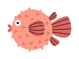 Vector cute red globefish. Tropical fish in flat design. Marine underwater balloonfish. Blowfish with striped fins.