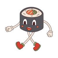 Vector sushi roll in retro style. Walking groovy maki sushi mascot. Hippie character sushi 70s.