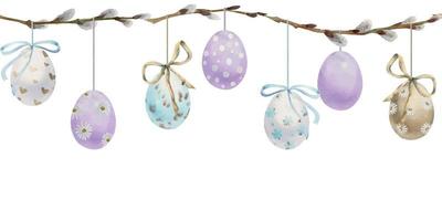 Watercolor hand drawn Easter celebration clipart. Seamless border with garland hanging eggs, bows, spring leaves. Isolated on white background. Invitations, gifts, greeting cards, print, textile vector