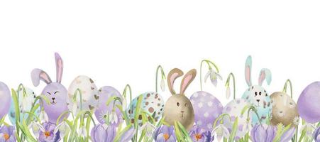 Watercolor hand drawn Easter celebration clipart. Seamless border with eggs, bunnies, flowers, leaves and kulich. Isolated on white background. Invitations, gifts, greeting cards, print, textile vector