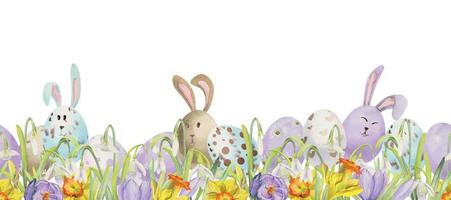 Watercolor hand drawn Easter celebration clipart. Seamless border with eggs, bunnies, flowers, leaves and kulich. Isolated on white background. Invitations, gifts, greeting cards, print, textile vector