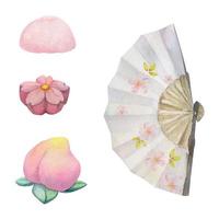 Watercolor hand drawn set of traditional Japanese sweets. Spring nerikiri wagashi with fan. Isolated on white background. Design for invitations, restaurant menu, greeting cards, print, textile. vector