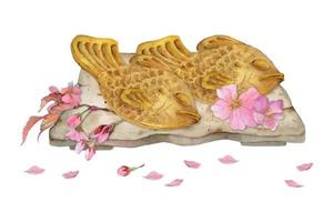 dulces japoneses tradicionales dibujados a mano con acuarela. plato de cerámica, taiyaki, flor de cerezo sakura. aislado sobre fondo blanco. diseño para invitaciones, menú de restaurante, tarjetas de felicitación, impresión, textil vector