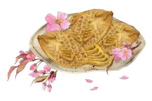 dulces japoneses tradicionales dibujados a mano con acuarela. plato de cerámica, taiyaki, flor de cerezo sakura. aislado sobre fondo blanco. diseño para invitaciones, menú de restaurante, tarjetas de felicitación, impresión, textil vector