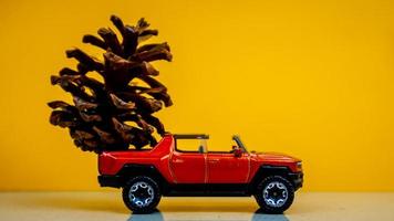 Minahasa, Indonesia  December 2022, the toy car transporting pinecones photo