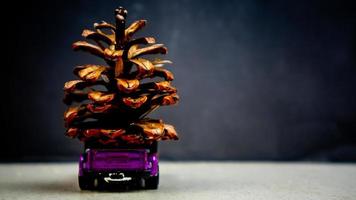 Minahasa, Indonesia  December 2022, the toy car transporting pinecones photo