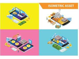 Modern 3d Isometric Set collection Smart Mining Bitcoin online Technology Illustration in White Isolated Background With People and Digital Related Asset vector