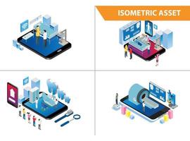 ilustración de tecnología de médico en línea inteligente isométrica moderna en fondo blanco aislado con personas y activos digitales relacionados vector