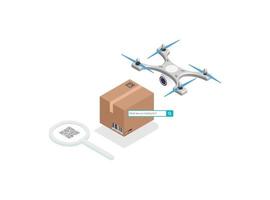 Parcel package order tracking flat 3d isometry isometric business online store shop delivery concept web vector illustration. Big box on magnifier and micro customers. Creative people collection.