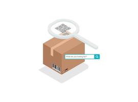 Parcel package order tracking flat 3d isometry isometric business online store shop delivery concept web vector illustration. Big box on magnifier and micro customers. Creative people collection.