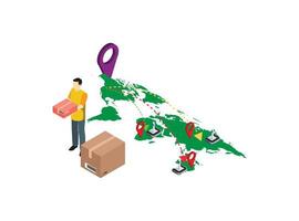 3d isometric Tracking shipment worldwide search 3d isometric online order shipping business concept web vector illustration. World map and box route . Creative people collection.