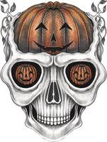 Art surreal pumpkin mix skull. Hand drawing and make graphic vector. vector