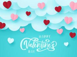 feliz día de san valentín diseño de pancartas. nubes de corte de papel y fondo de corazón. estilo de corte de papel para el encabezado de venta de san valentín vector