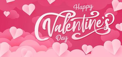 feliz día de san valentín diseño de pancartas. nubes cortadas en papel y corazón sobre fondo rosa. estilo de corte de papel para el encabezado de venta de san valentín vector