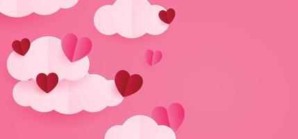 feliz día de san valentín diseño de pancartas. nubes cortadas en papel y corazón sobre fondo rosa. estilo de corte de papel para el encabezado de venta de san valentín vector