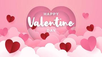 Happy Valentine's day poster banner design. paper cut clouds and heart on pink background. Papercut style for valentine sale header vector