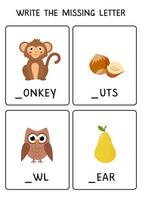 Write the missing letter. Abc worksheet for preschoolers. vector