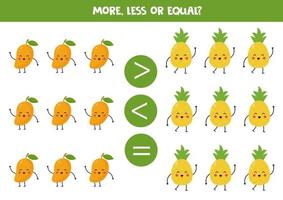 More, less or equal with cute cartoon mango and pineapple. vector